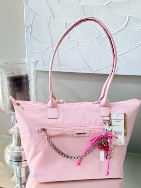 Madden Girl Ballet Pink Tote Bag NWT Charms Cherry Bag Charm Nylon Shoulder Tote
